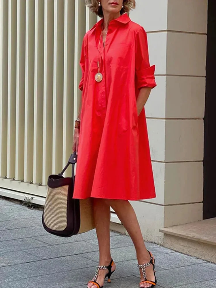 Women Casual Solid Pocket Shirt Dress Elegant Turn Down Collar Office Lady Dress Autumn Female Long Sleeve Loose Dress Vestidos
