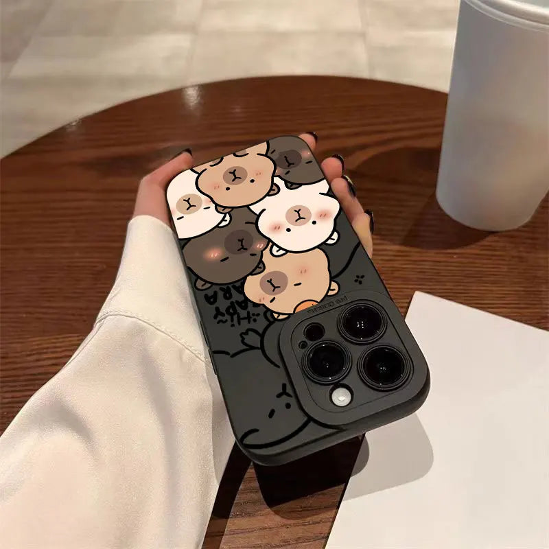 Case For iPhone 17 16 15 14 13 12 11 Pro Max Air XS X XR 16E Cute Capybara Pattern Matte Silicone Camera Lens Portector Cover