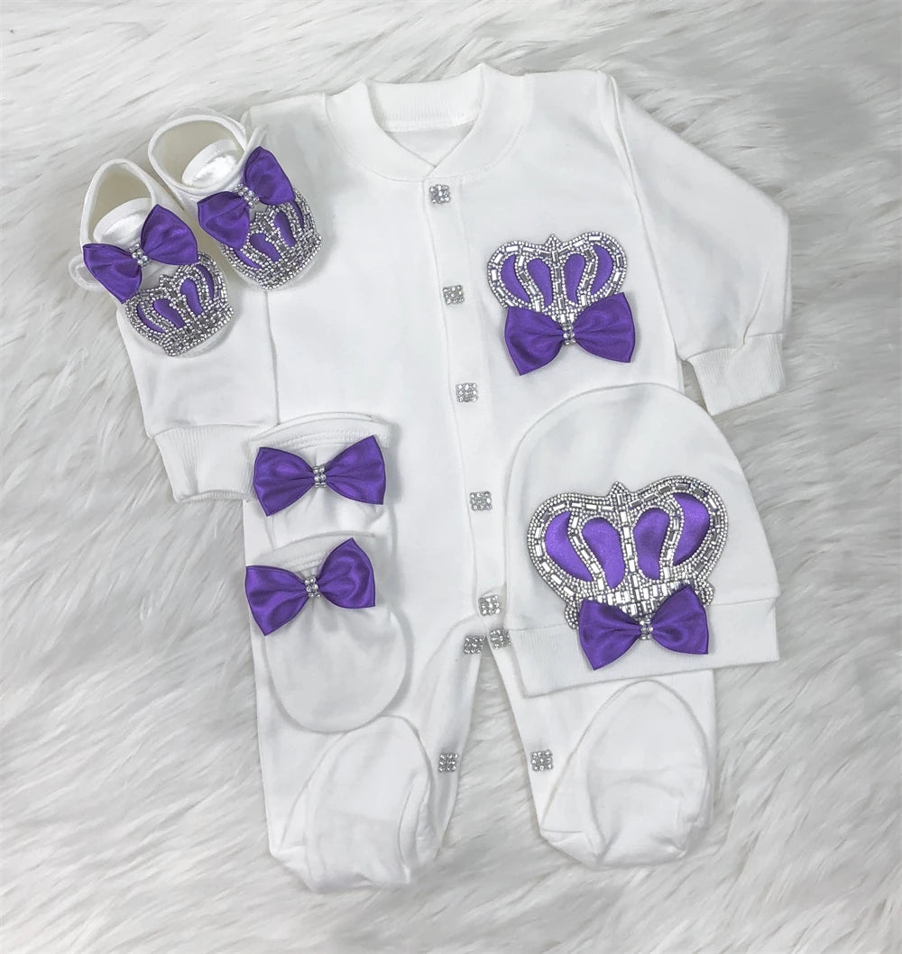Dollbling Butterfly Jewelry Crown Gift Clothing Sets Welcome Home Lace Baby Rompers Mittens Bonnet Pajamas Outfit 4pcs Layette