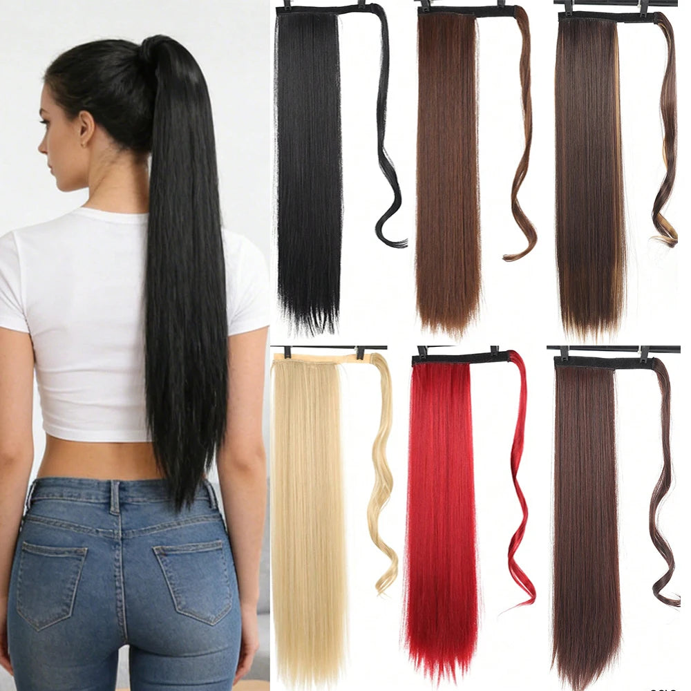 Synthetic Hair 26'' Long Straight Ponytail Wrap Around Ponytail Clip in Hair Extensions Black Hairpiece Headwear 2026