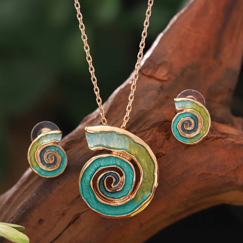 MeiceM Jewelry Set Bohemian Zinc Alloy Geometric Spiral Necklace And Earrings Set Elegant Temperament Jewelry Set For Women