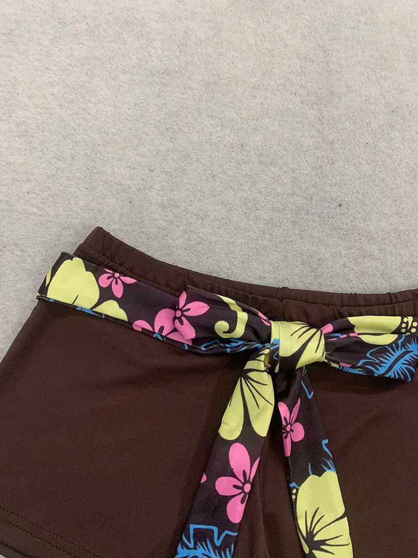 Retro Hawaiian Style Women Tankini Swimwear Floral Halter V Neck Shir Top Matching Brown Short Bottom Self Tie Waist Beach Suits