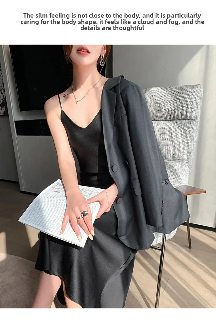 Silk V-neck Slim-fit Satin Dress Sexy Strap Long Gown for Women New 2025 Spring Summer Inner Wear Dress Elegant Lady Dress