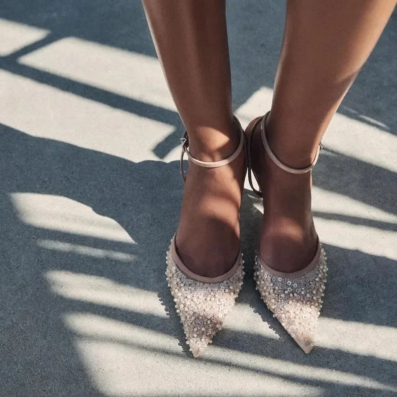 Pumpkin Color Diamond High Heels Pointed Toe Backless Sandals Evening Shoes Low Heel Single Shoes Rubber Upgraded Version
