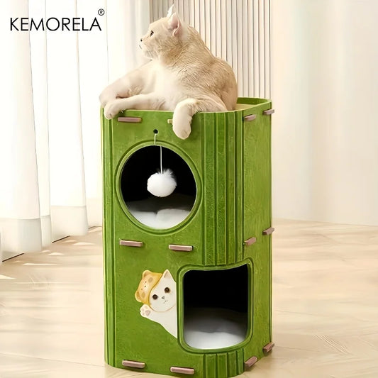 3D Tree-Shaped Cat Condo Large Space Pet Cat Tree with Scratching Posts & Hanging Toys Felt Space-Saving Detachable for Cats