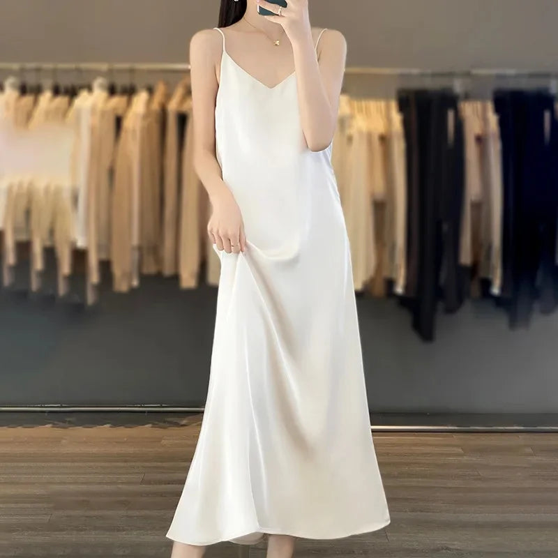 Silk V-neck Slim-fit Satin Dress Sexy Strap Long Gown for Women New 2025 Spring Summer Inner Wear Dress Elegant Lady Dress