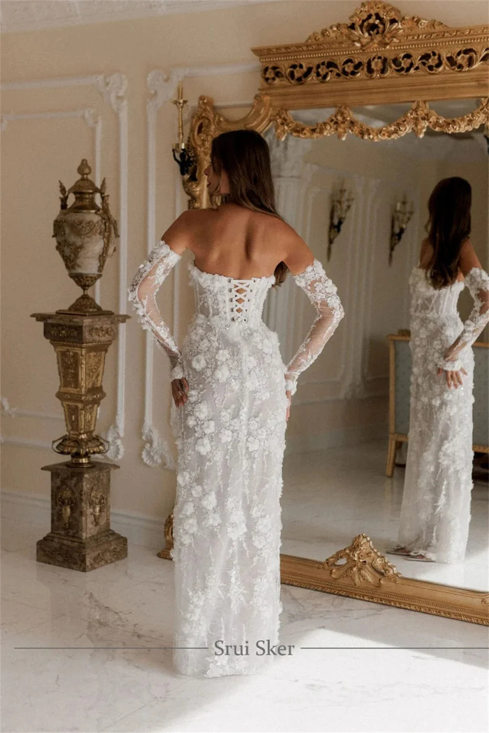 Tokyo Customized White Off the Shoulder Wedding Dress Long Sleeve Side High Split Lace-Up Bridal Gown Floor-Length Wedding Gown