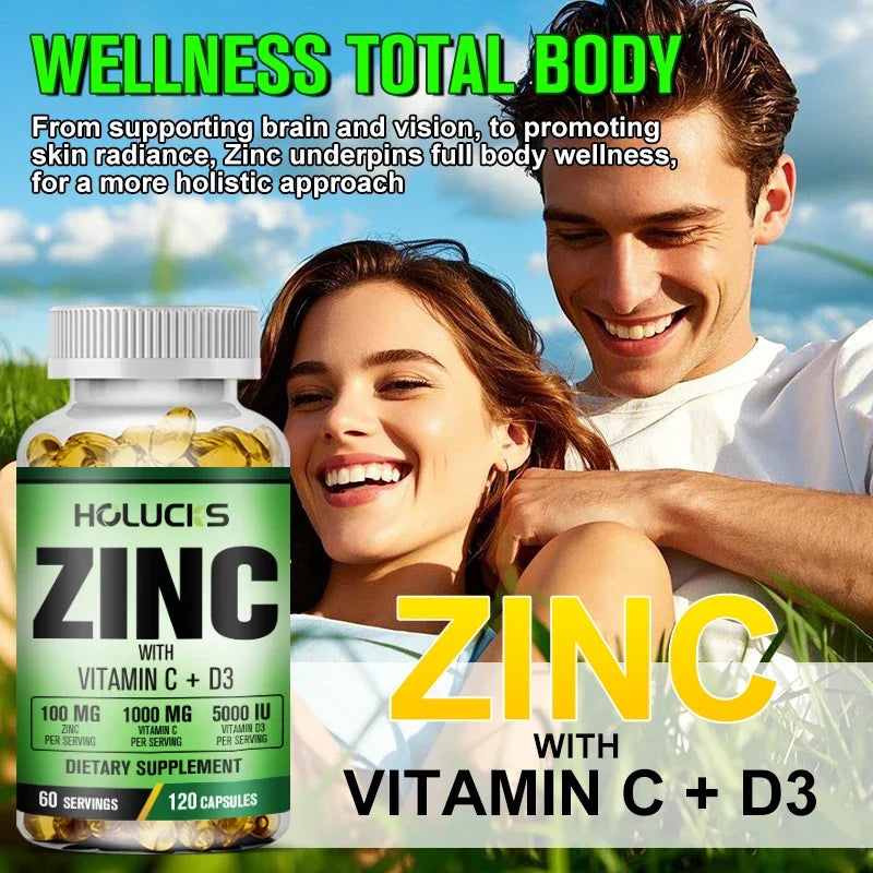 Zinc Complex Supplement, Vitamin C, Support Collagen, Antioxidant, Boost Immune, Improve Sleep & Energy, Premium Capsules