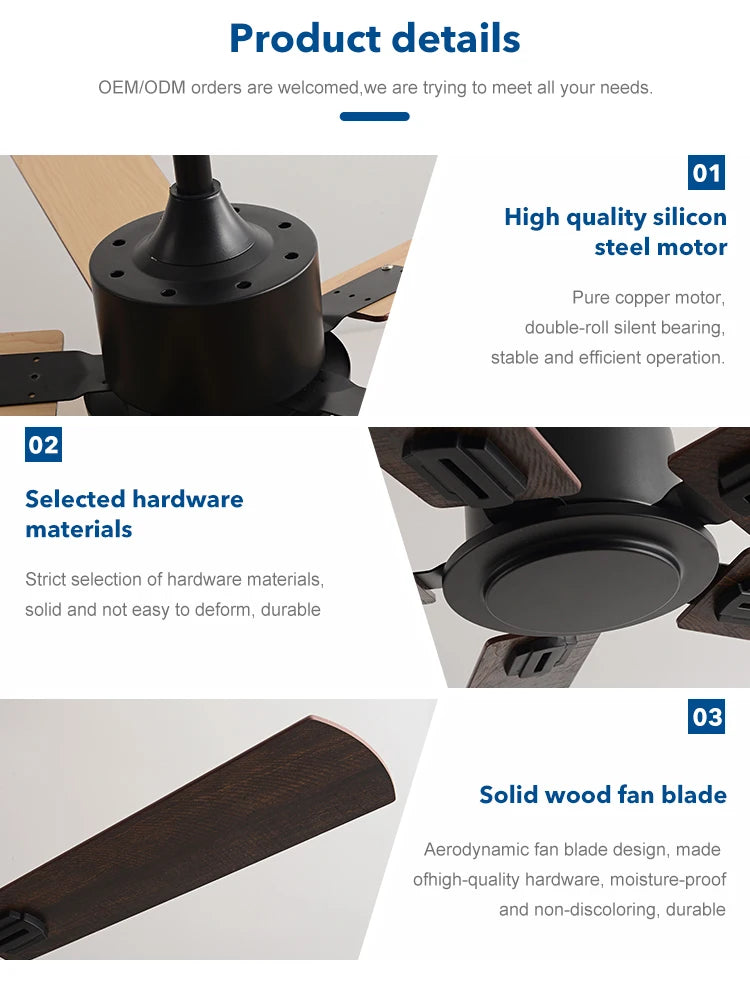 Large Ceiling Fan 52 Inch 5 Wood-Style Blades DC Mo tor Remote Control Quiet Running Fan for Living Room