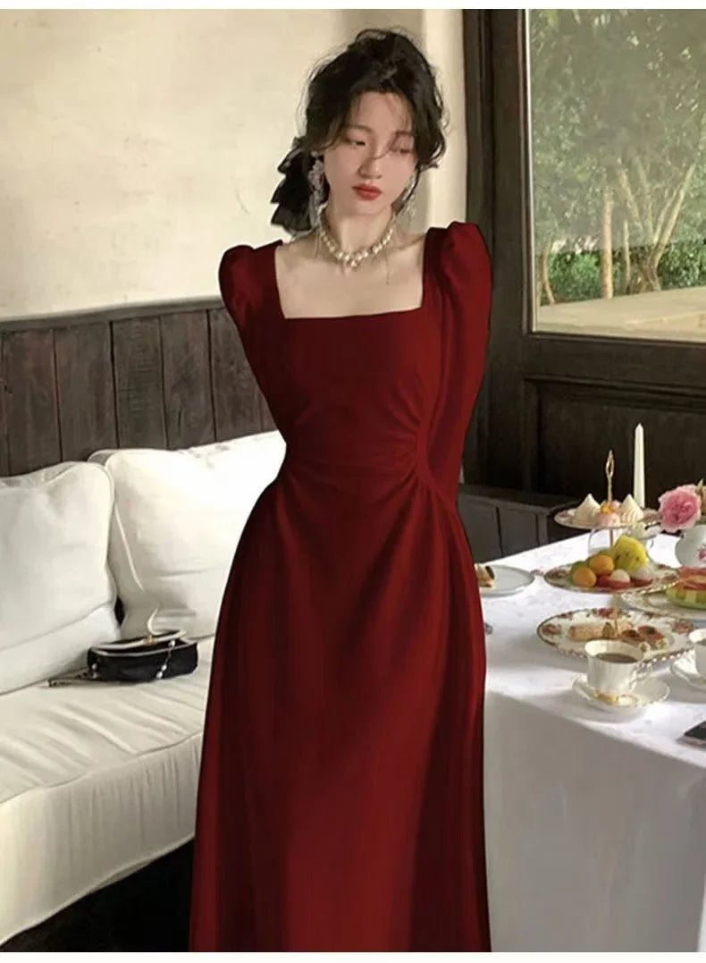 Red Long Sleeve Dress Wedding Dress Spring Autumn French Style Engagement Party Drinking Ceremony Bridal Gown Everyday Wear