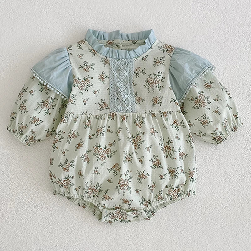0-3Y Baby Autumn Clothes Retro Lace Infant Bow Ruffle Collar Long Sleeves Bodysuit Kids Girls Floral Print Casual Cotton Onesie