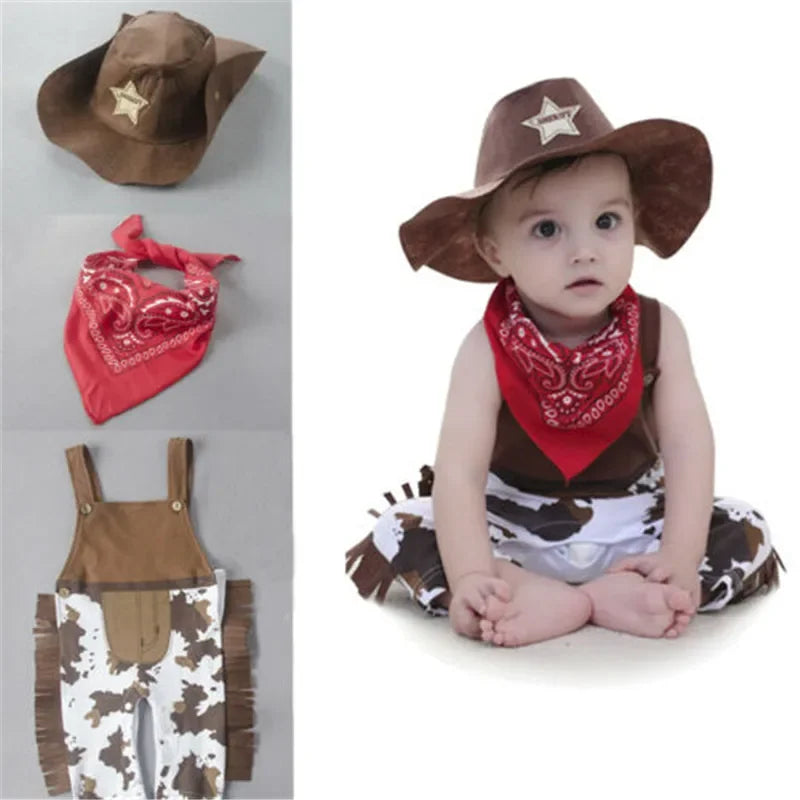 Baby 3PCS Romper Set Camouflage Printed Sling Side Tassel Romper Big Cowboys Wide Brim Star Hat Triangle Printed Scarf