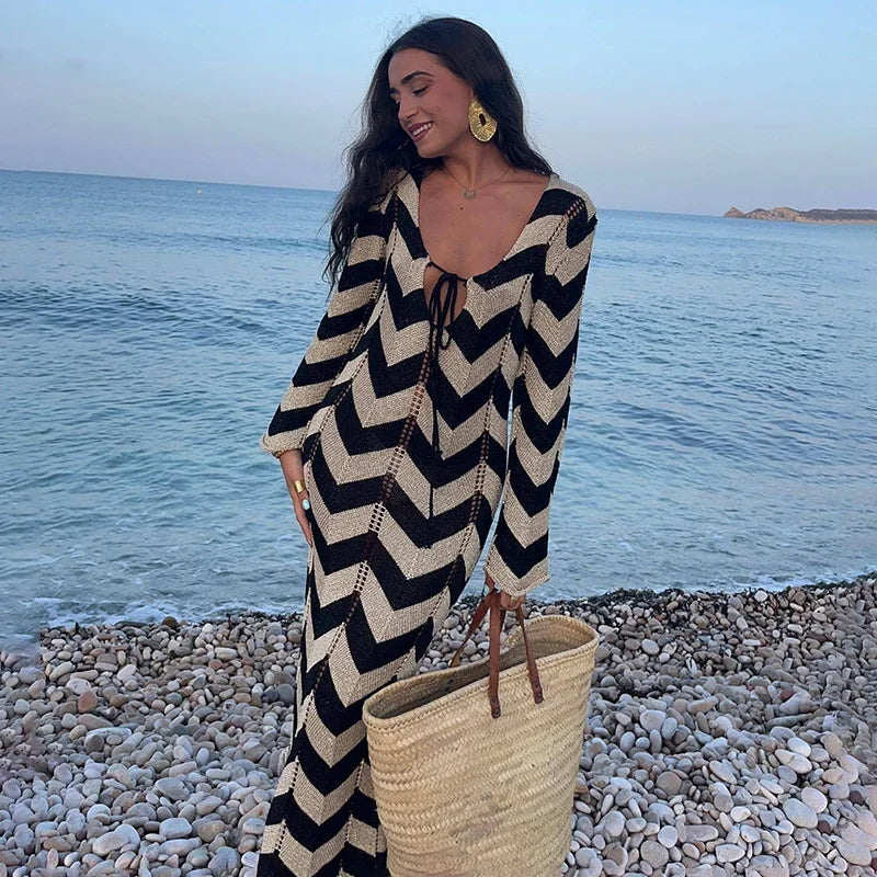2025 Women's  Stripled Long Sleeve Slim Elegant Knitted Maxi Dress V Neck Autumn New Lace Up Hollow Sexy Beach Cover Up Dress