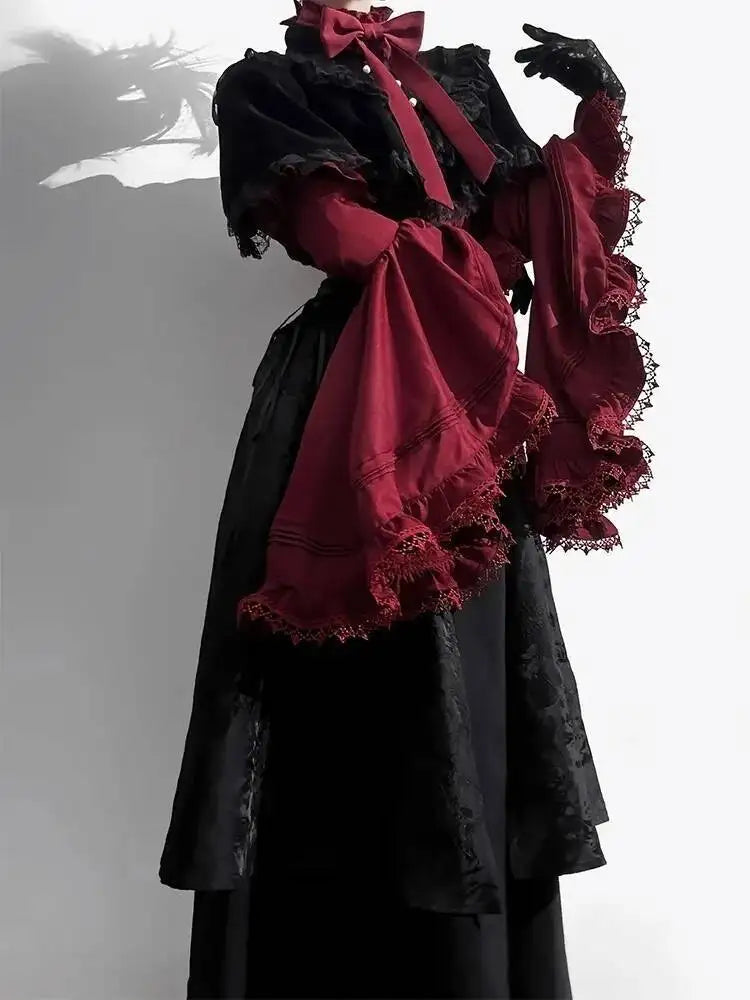 Halloween costume black and red gothic Lolita half skirt long skirt shirt two-piece set 2025 new Lolita