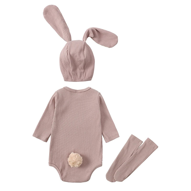 2024 Baby Rabbit Easter Romper Ear Hat Bodysuit Socks Solid Cotton Jumpsuit 0-24M Korean Cute Toddler Boy Girl Outfits Clothes