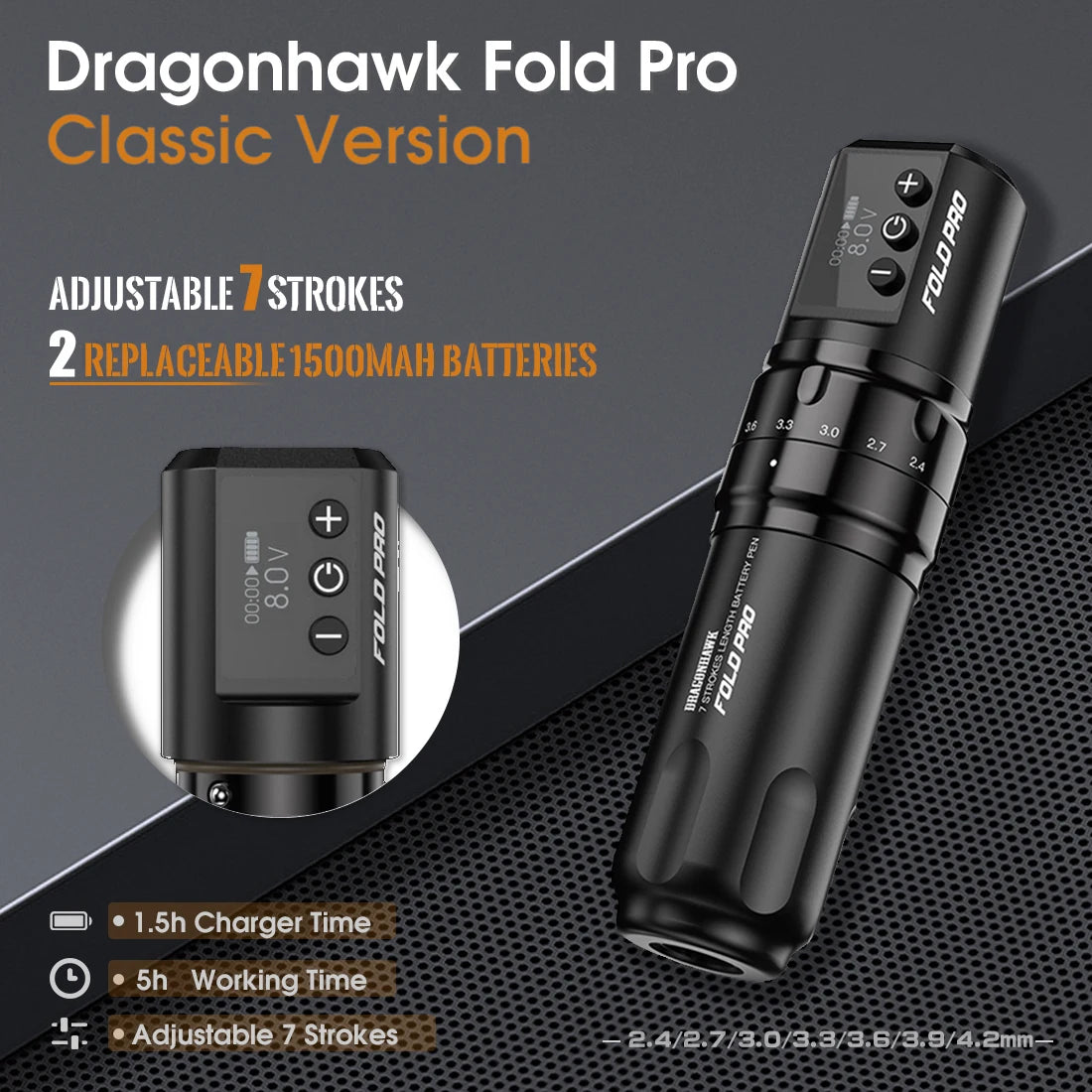 Dragonhawk Fold Pro Wireless Tattoo Machine Adjustable 7 Strokes Power By Mcore-c2 Low Vibration Silent Stable for Beginners