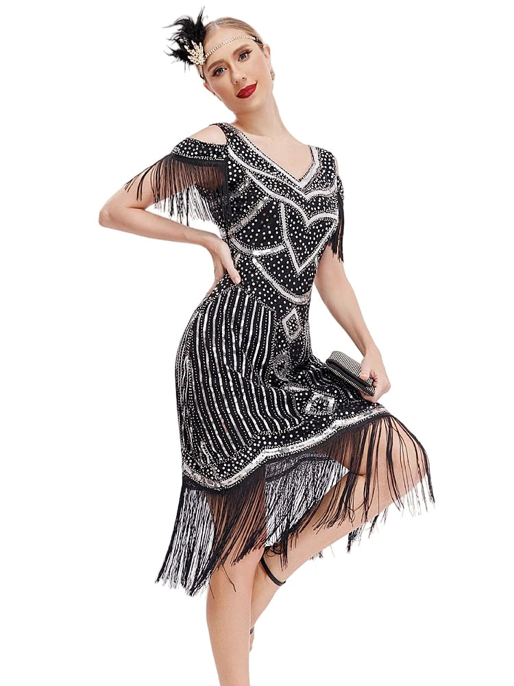 Women Fringe 1920s Flapper Dress 20s Gatsby Themed Party Dress Vintage V-neck Off Shoulder Sequin Beaded Cocktail Dress