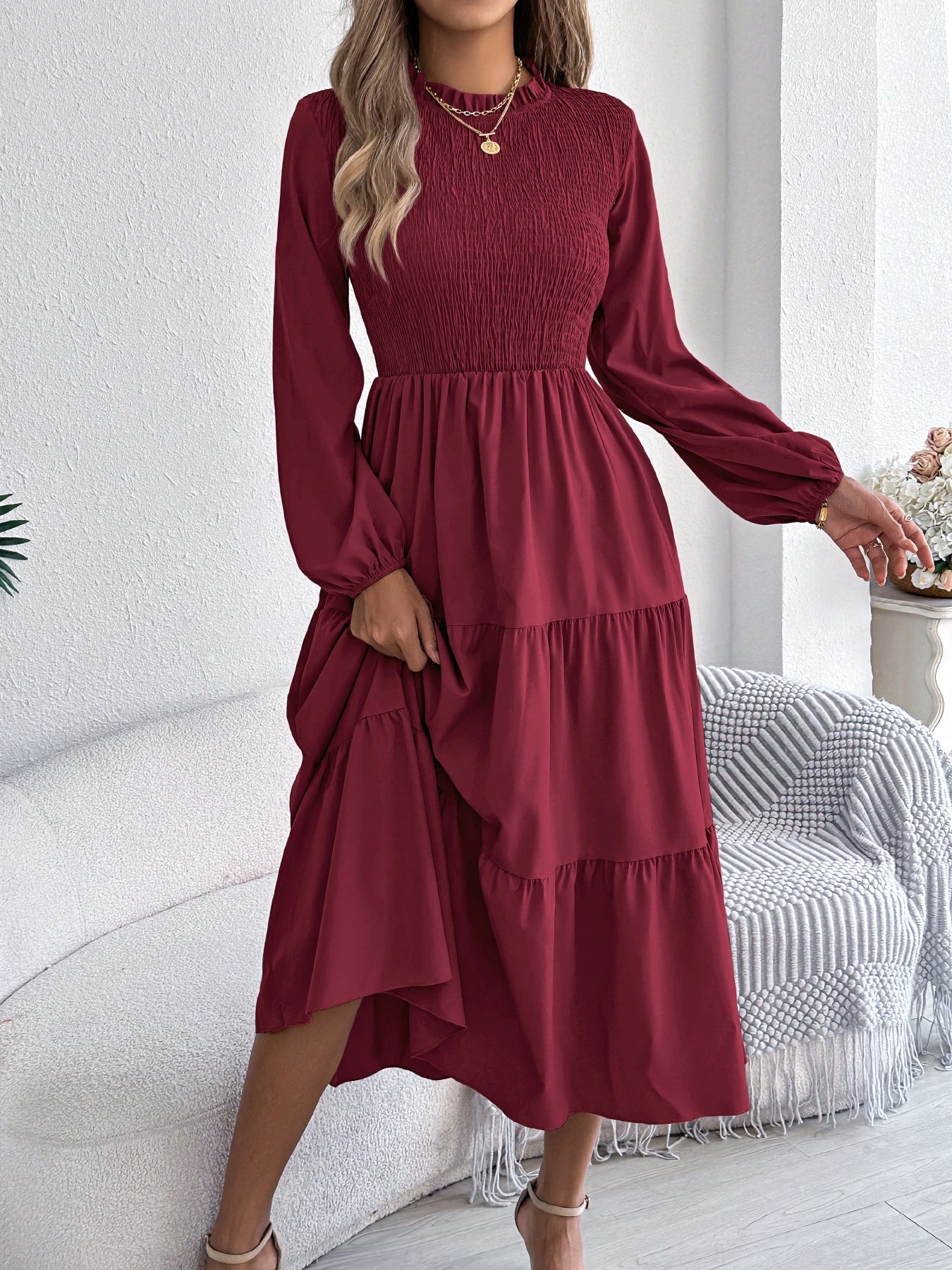 Women's Spring Vacation Solid Color Round Neck Long Sleeve Midi Dress with Ruffled Waist