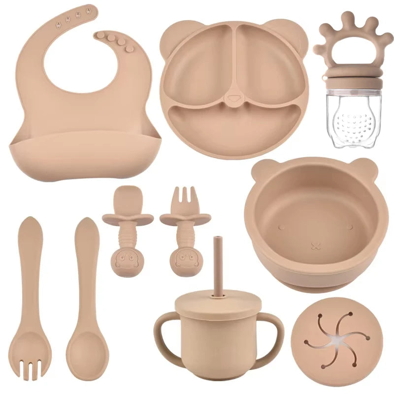 10pcs Children's Silicone Dinner Plate Set Strong Suction Anti-Fall Children's Eating Training Bowl Fork Spoon Feeding Tableware