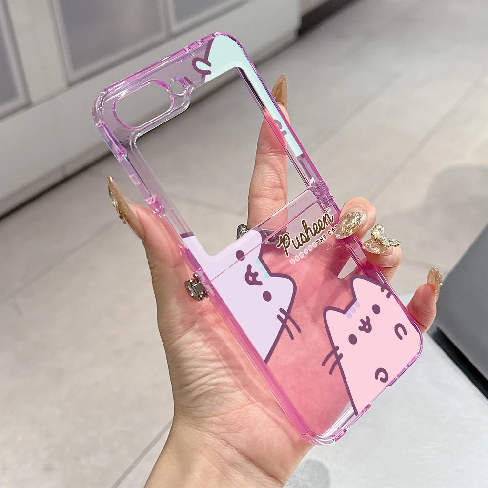 Cute Cartoon Funny Donuts P-Pusheens Cat Phone Case for Motorola Moto Razr 40 50 60 Ultra 5G Semi-transparent Foldable TPU Cover