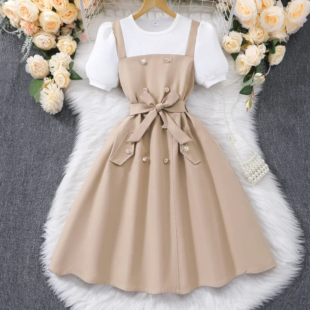 8-12Yrs Girl Dress Summer Khaki and White Short Sleeve Children Dresses Simple Fashion Teen Girl Clothes Party Big KIds Outfit
