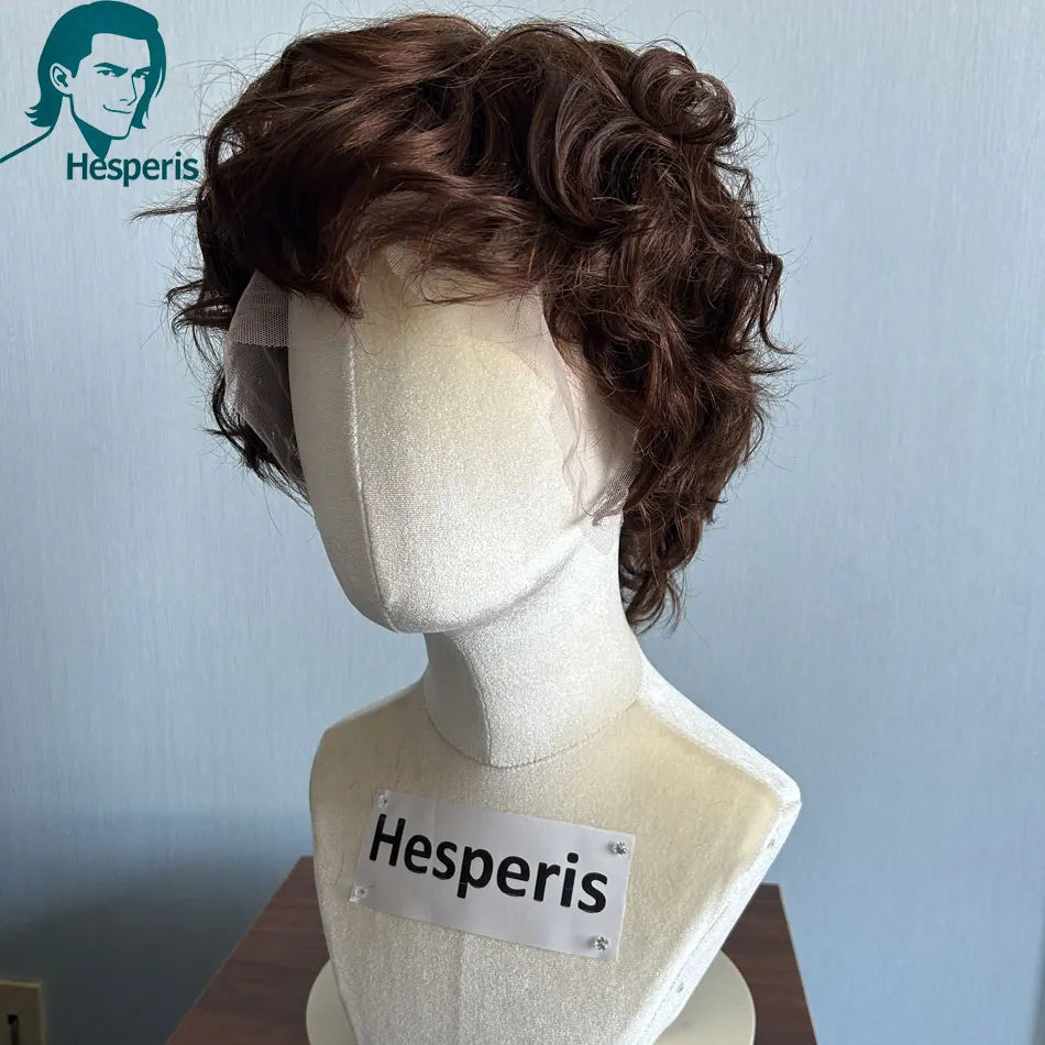 Hesperis Brown Short Curly Human Hair Wig Pre-Style Cut Lace Front with Bangs Men's Fashion Daily Lace Frontal Wigs For Male