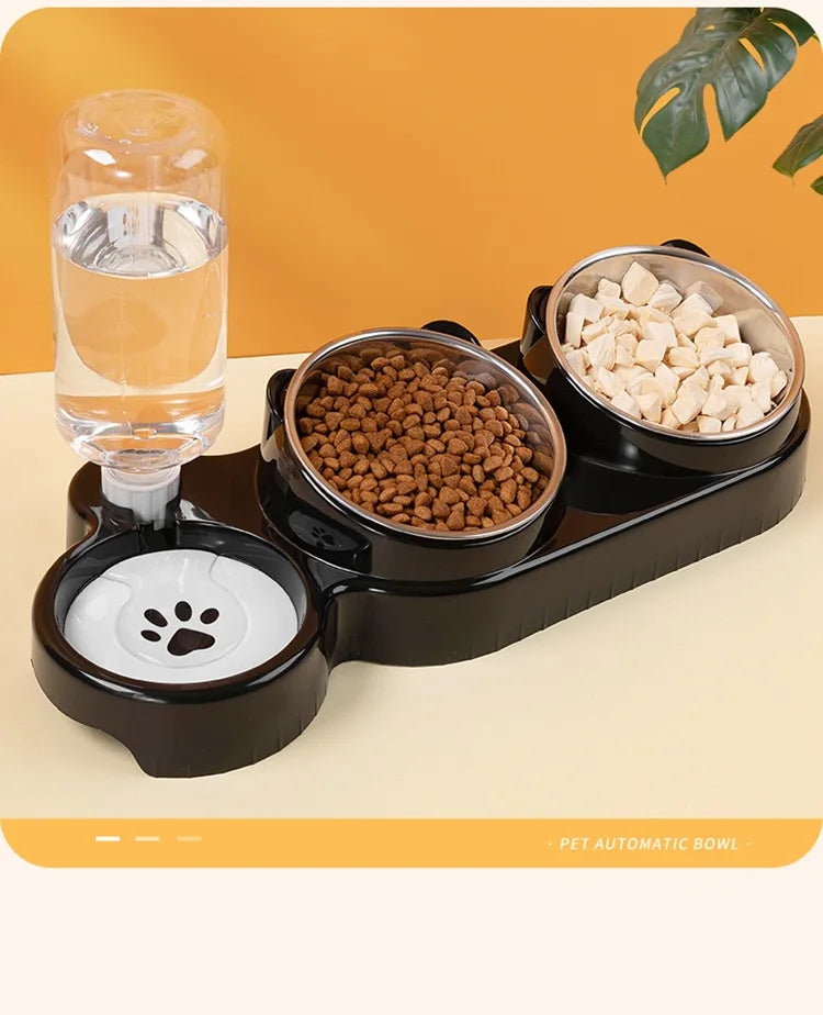 Cat Bowl Slanted Mouth Dog Bowl Cat Rice Bowl Double Bowl Stainless Steel Automatic Refilling Pet Bowl Three In One Drinking Fee