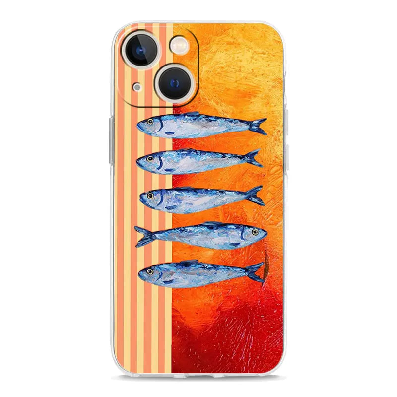 Soft TPU Transparent Phone Case Cover for iPhone 17 16 15 14 13 12 11 Pro Max 17 Air 7 8 Plus Fundas Funny Fish Sardines Laser