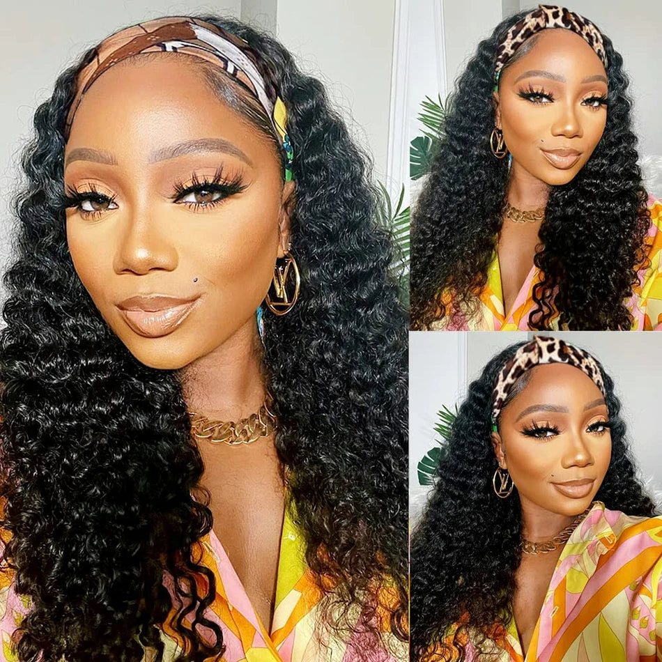 Headband Wig Human Hair Deep Wave Wigs for Black Women Glueless None Lace Front Curly Wig Brazilian Virgin Hair Wear and Go Wigs