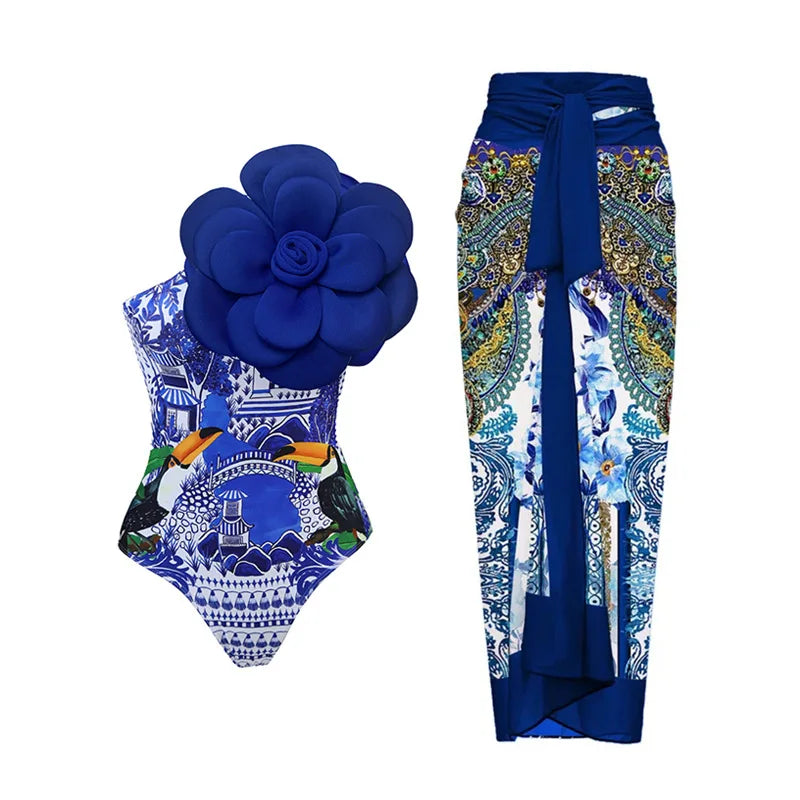 2024 Sexy Sling Ruffle Solid Two Pieces Bikini Women High Waist 3D Flower Swimsuit Skirt Summer Backless Beachwear Bathing Suit