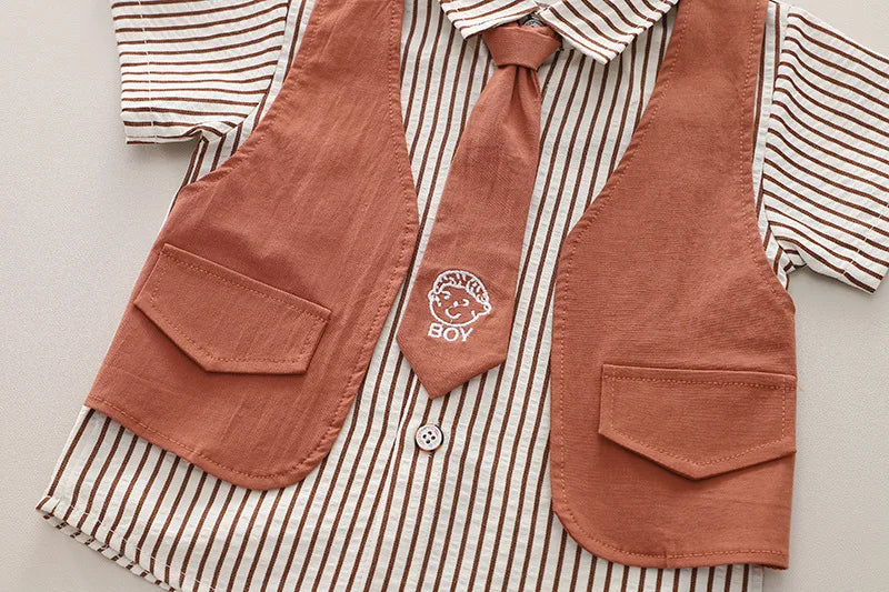 Toddler Summer 1st Birthday Boy Outfit 2024 Korean Style Striped Turn-down Collar Short Sleeve Shirts + Shorts Boys Clothes Sets