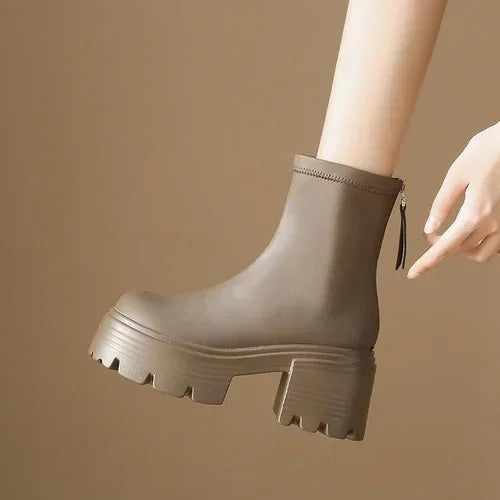 8CM Autumn Chunky Boots High Platform Leather Sneakers Women Round Toe Chelsea Boots British Style Thick Sole Female Ankle Shoes