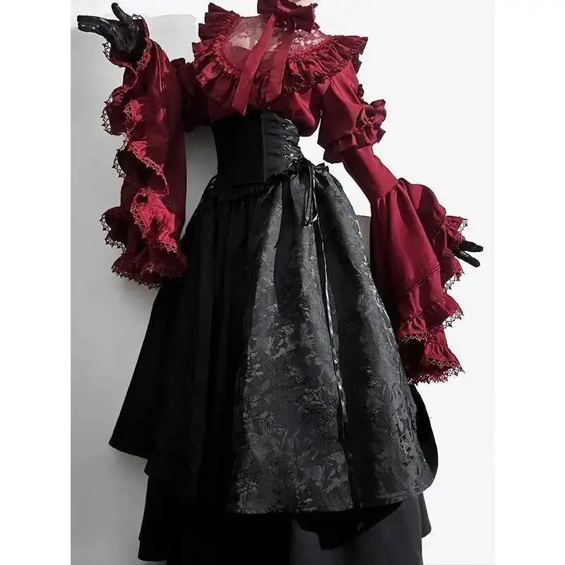 Halloween costume black and red gothic Lolita half skirt long skirt shirt two-piece set 2025 new Lolita