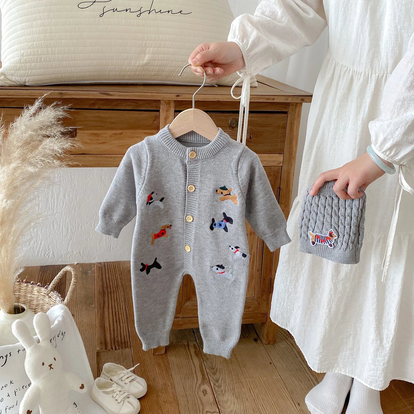 2Pcs Autumn and Winter Baby Clothes Cute Cartoon Dog Newborn Clothes Knitted Warm Boys and Girls Baby Jumpsuit+Hat Set