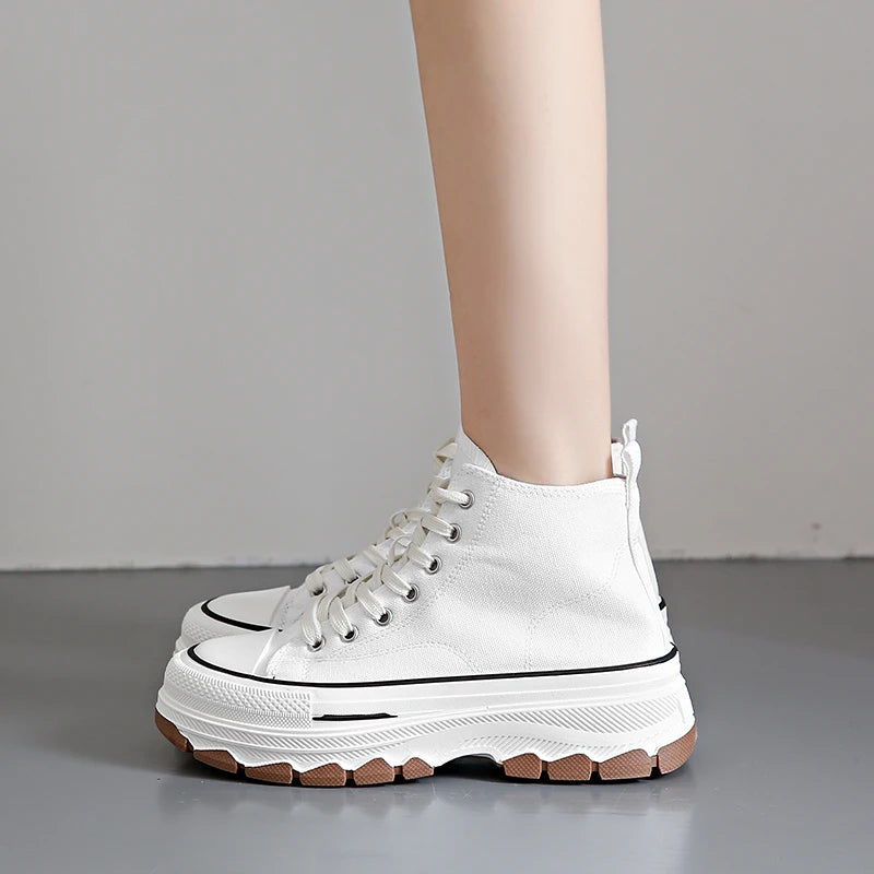 2026Women Canvas Shoes High Top Women's Vulcanize Shoes Lace-Up Casual Ladies Sneakers Plarform Non-slip Round Head Female Shoes