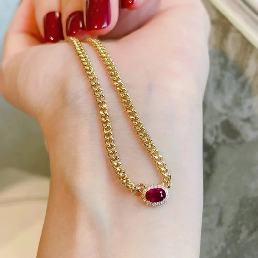 Luxury 14K Gold Plated 4MM Wide Snake Bone Chain Oval Ruby Gemstone Necklace for Women 925 Sterling Silver Fine Jewelry Gift