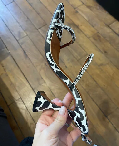 2023 New High Heels Square Toe Wine Glass with A Word with Large Size Sexy Rhinestone Sandals Women
