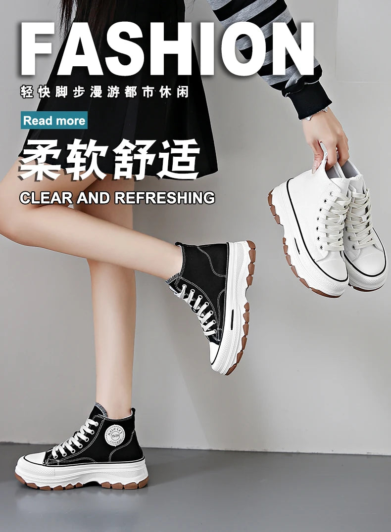 2026Women Canvas Shoes High Top Women's Vulcanize Shoes Lace-Up Casual Ladies Sneakers Plarform Non-slip Round Head Female Shoes