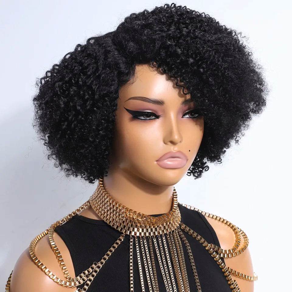 Lekker Short Pixie Afro Kinky Curly C Part Lace Bob 100% Human Hair Wigs For Women Brazilian Remy Hair Glueless Daily Black Wigs