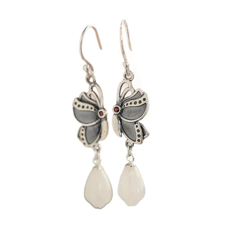 silver 925 Light luxury Butterfly earrings for women Natural Hetian Jade Orchid Earring Vintage Ethnic Style Wedding Jewelry