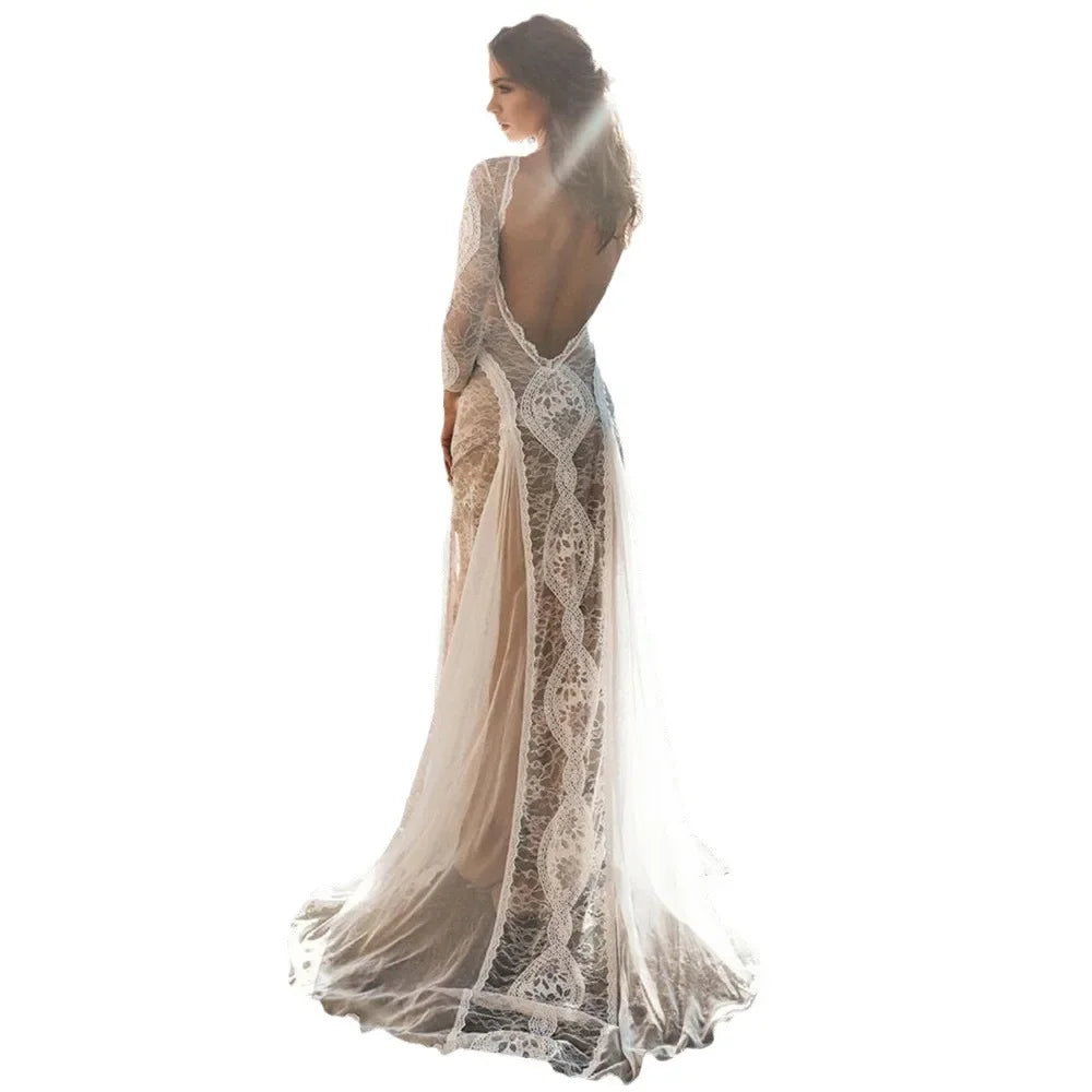 2025 Spring New Women's Celebrity Banquet Wedding Dress Crew Neck Long Sleeve Printed Halter Lace Dress