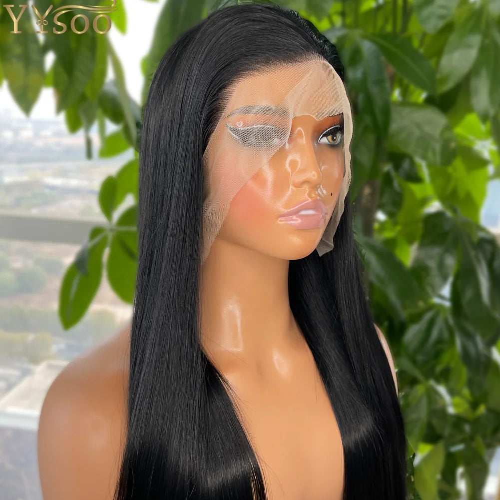YYsoo 1# Long Silky Straight Dark Black Synthetic Full Lace Wigs for Women Heat Resistant Japan Futura Hair All Hand Tied Wig
