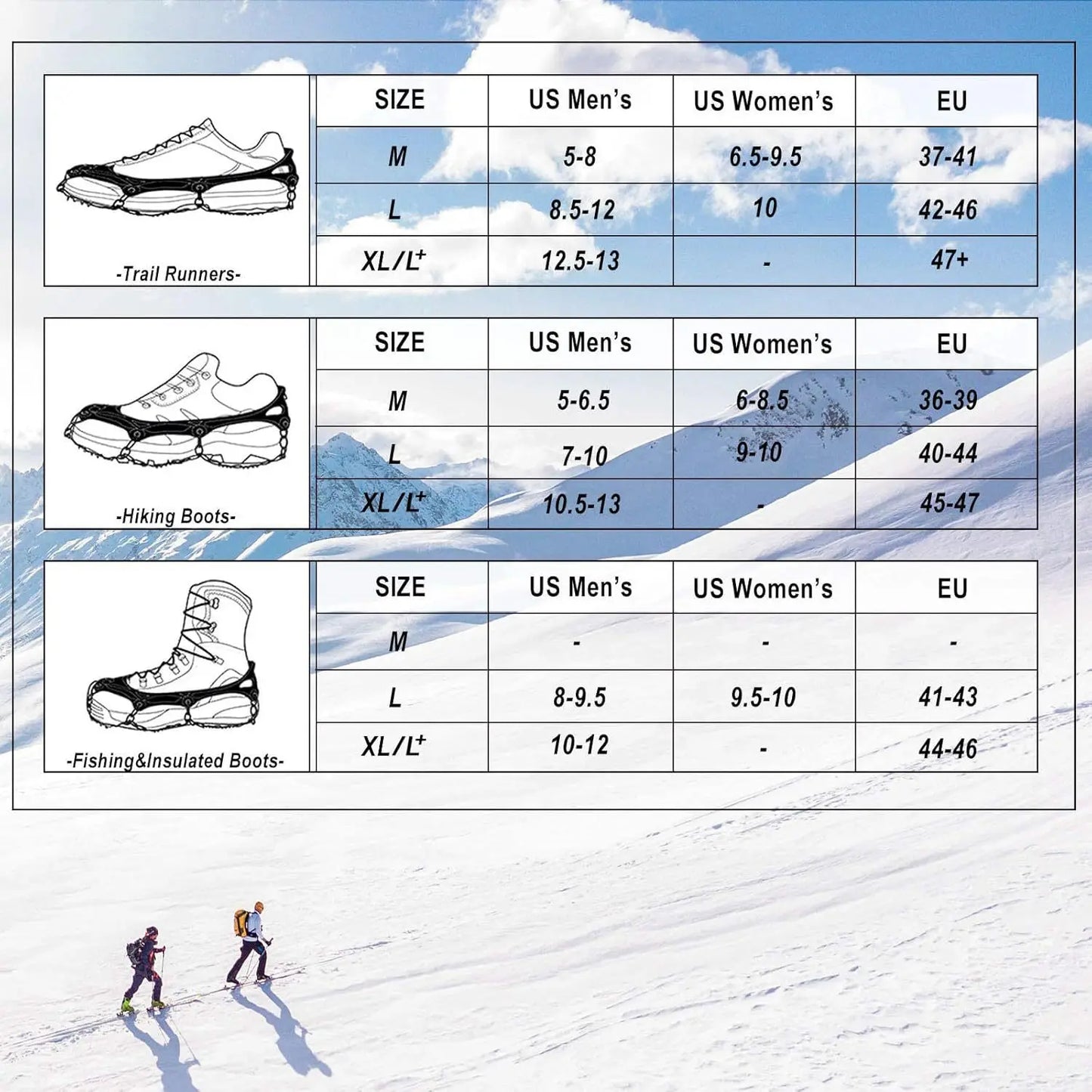2PCS Ice Cleats for Snow & Ice Non-Slip Overshoe Crampons with Stretch Fit Rubber Traction for Walking