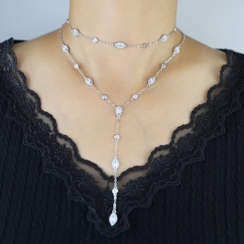 New Fashion Trendy Women Jewelry Micro Paved Geometric Round Marquise CZ Charm Link Station Chain Choker Y Lariat Necklace