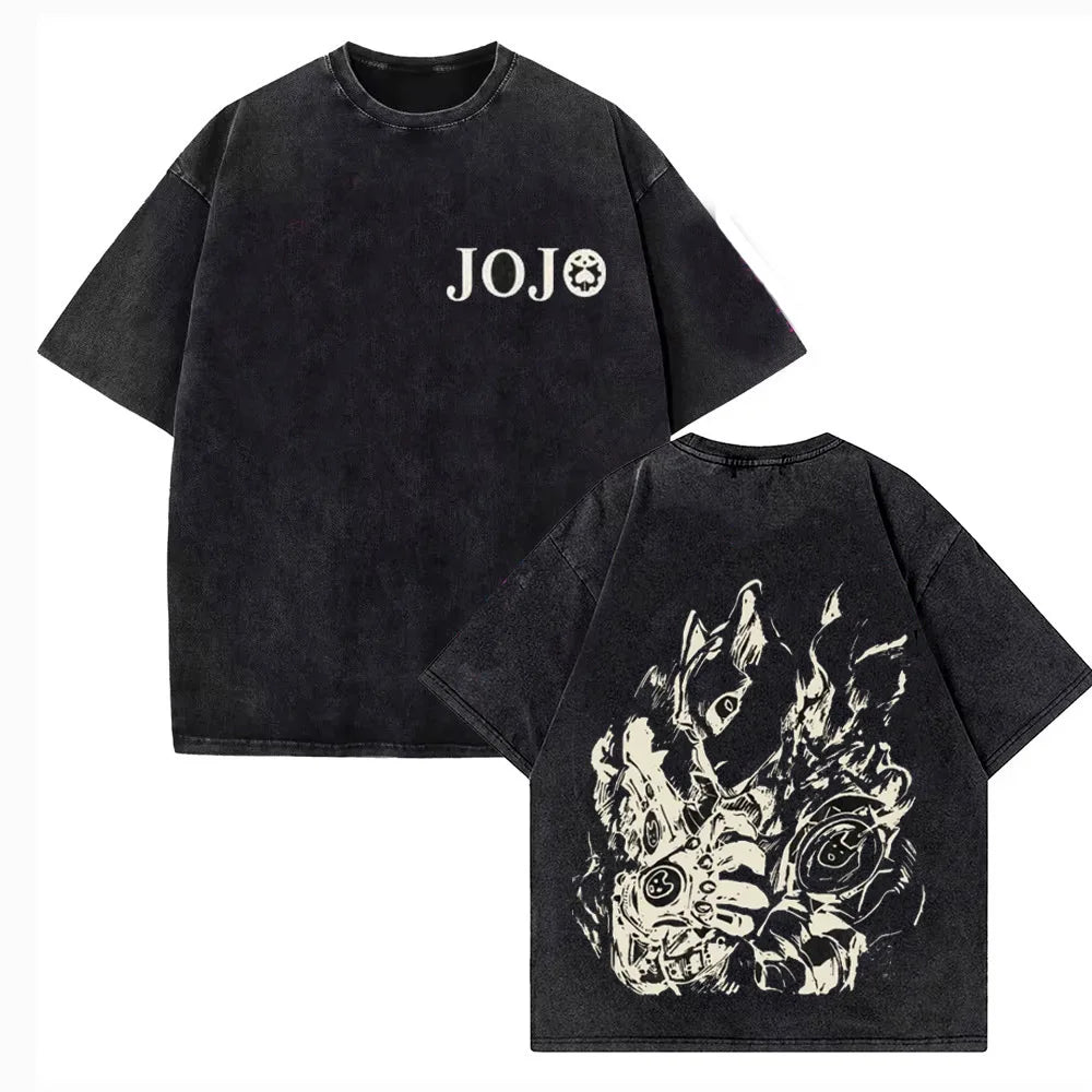 Vintage Washed TShirt Men JoJo Bizarre Adventure Gyro Zeppeli Streetwear T-shirt Anime Print Cotton Casual Short Sleeve Tshirt