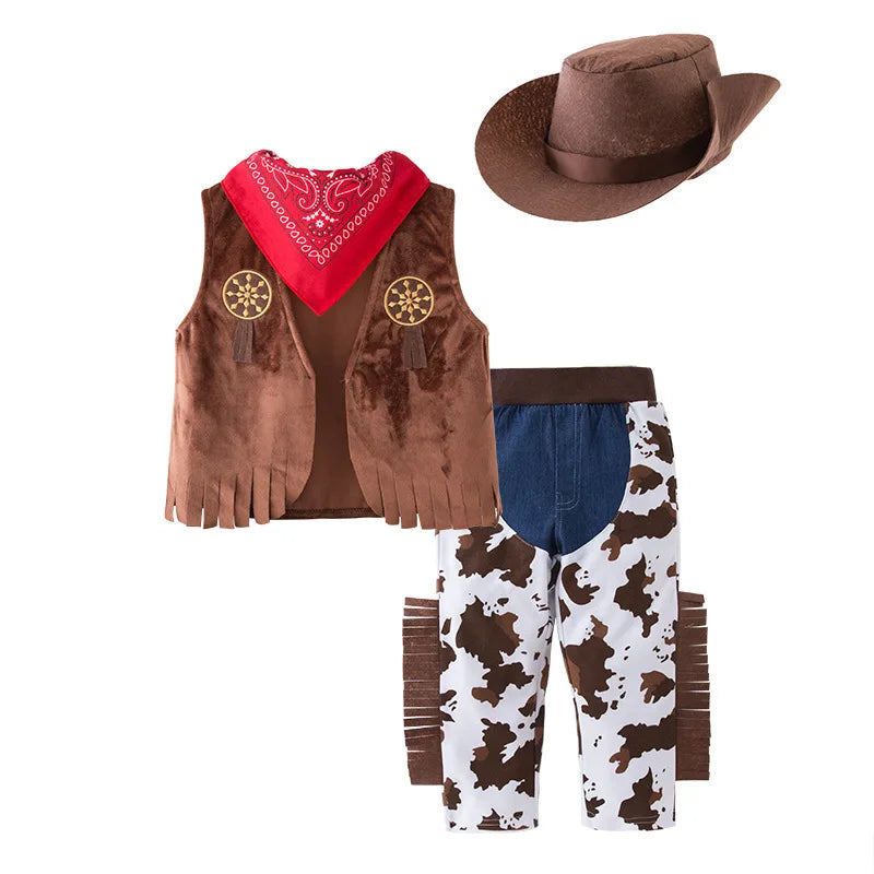 Boy's Halloween Outfit Set, Western Cowboy Vest+Short Sleeve Tee+ Hat + Pants Set Autumn and winter Clothes For 1-5Years Boys