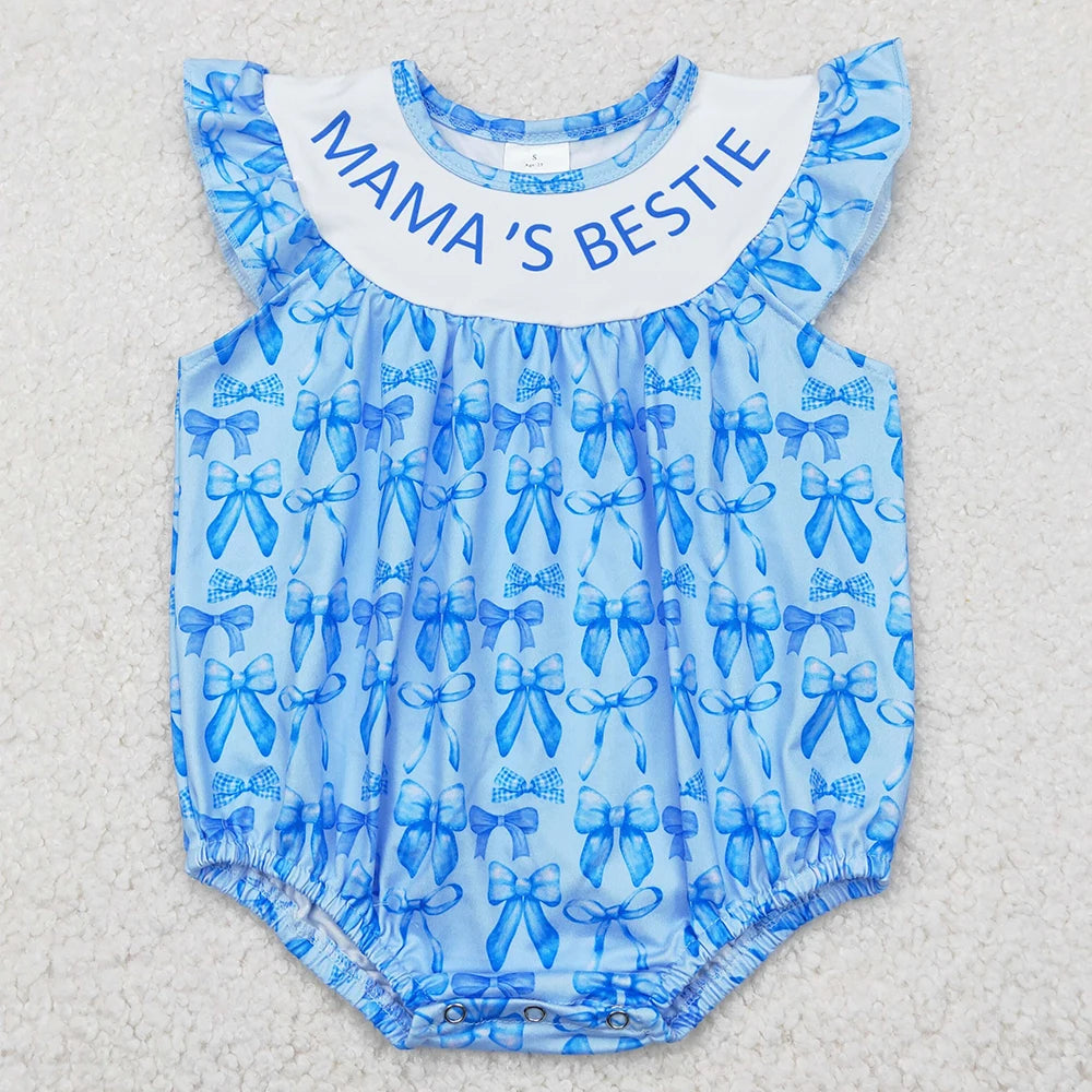 Hot Sale Baby Girls Rompers Blue Flutter Sleeves Bows Ruffle Rompers Boutique Toddler Girls Bubbles Summer Rompers Girls Onesie
