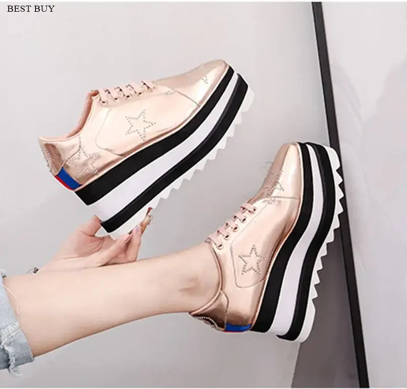 2024 Height Increasing Star Rivet Shoes Classic Platform Rose Gold sneakers Mix Color Square Toe Wedge Shoes Lace Up Lady Shoes