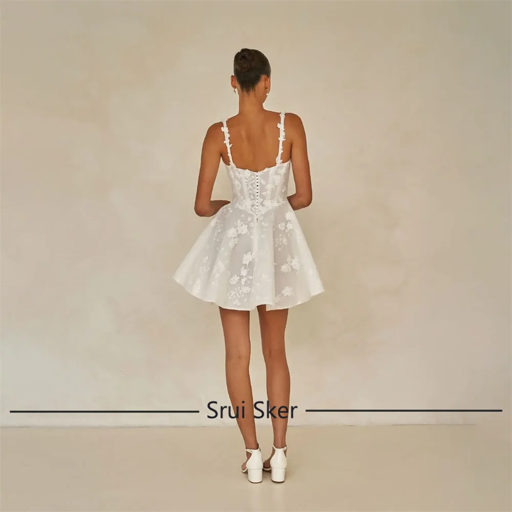 Customized Short Mini Lace Flowers Wedding Dresses Classic Square Neck Sleeveless Bride Gown For Women vestidos de novia