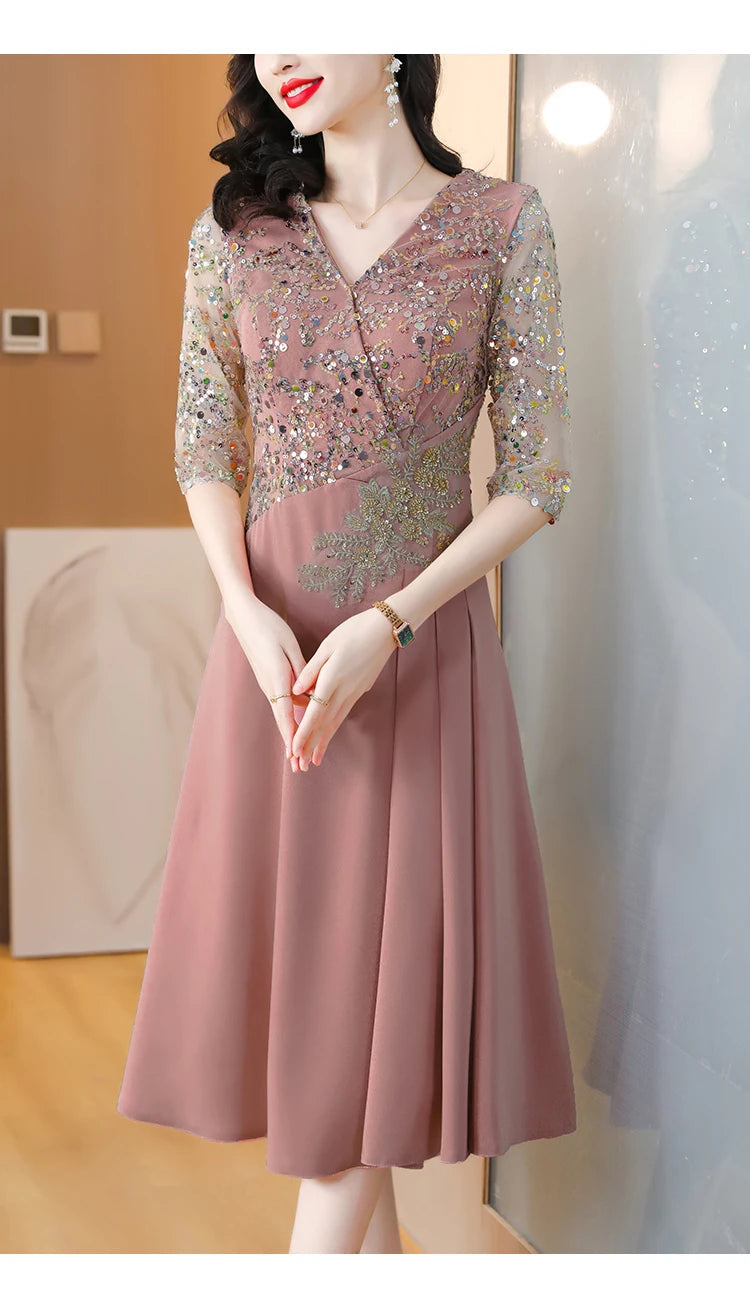 Summer New Sequins Luxury Chic Evening Wedding Dress 2024 Women's Elegant Bodycon Midi Dress Satin Vintage Casual Party Vestidos